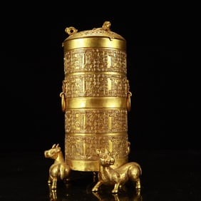 An Exquisite Gilt Bronze Double-Ears Beast-Legs Jar with Cove