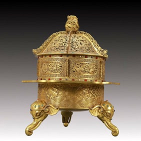 A Rare Gilt Bronze Dragon and Phoenix Pattern Elephant-legs Censer,Inlaid Gems