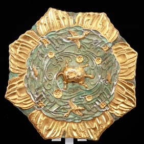 An Archaic Bronze Inlaid Gold and Silver Turtle Crane Pattern Round Mirror