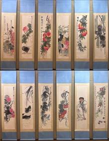 A Set of Chinese Vertical Scroll Ink Painting of Flower on Paper,Qi Baishi