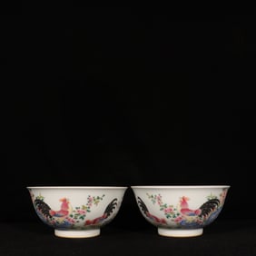A Pair of Exquisite Enamel Flower and Rooster Pattern Bowls,With Poem