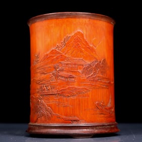 An Exquisite Bamboo Landscape and Figure Pattern Brush Pot