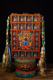 A Rare Meteorite Cloisonne Inlaid Dzi Bead and Turquoise Statue of Sakyamuni Ornament
