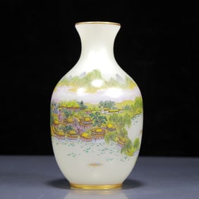 An Exquisite Glass Famille-Rose Landscape and Figure Pattern Vase,with poem