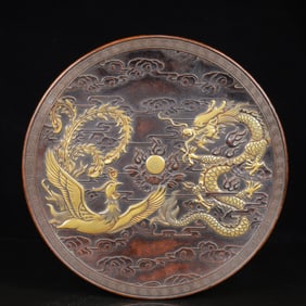A Rare Gilt Bronze Dragon and Phoenix Pattern Plate