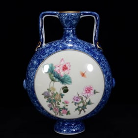 An Exquisite Blue and White Jiacai Painted Gold Flower Pattern Double-Ears Vase