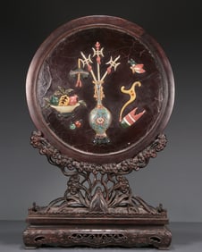 A Fabulous Zitanwood Gem-Inlaid Gilt-Lacquered 'Stationery' Table Screen