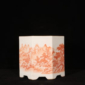 An Exquisite Iron-Red Landscape and Figure Pattern Brush Pot