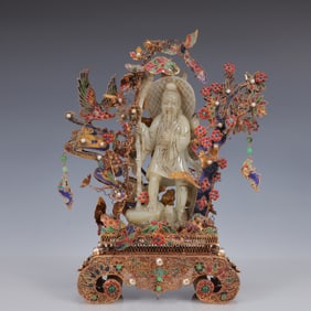 An Exquisite Filigree and Gilding Inlaid White Jade Figure Ornament,Inlaid Gems