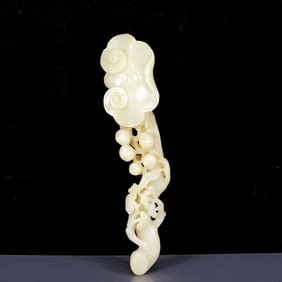 A Rare White Jade Ganoderma lucidum and Peach Pattern Ruyi