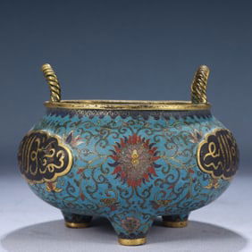 An Exquisite Cloisonne Lotus Pattern Double-Ears and Tripod Censer,With Sanskrit