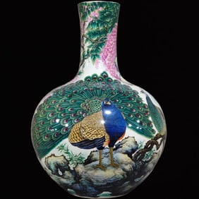 A Huge Famille-Rose Enamel Peacock Pattern Vase,with Poem