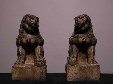 A Pair of Solemn Limestone Lion Ornament