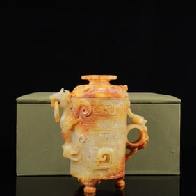 An Exquisite White Jade Auspicious Beast Dragon-Ears and Tripod Censer