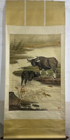 A Chinese Vertical Scroll Ink Painting of Buffalo on Paper