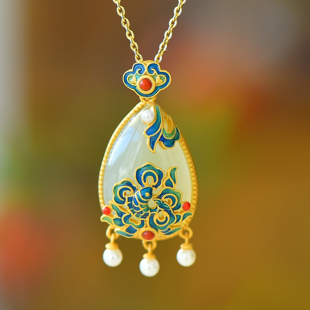 An Exquisite Sterling Silver-Gold Plated Inlaid White Jade Pendant,Inlaid Pearl (1 of 5)