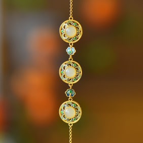 An Exquisite Sterling Silver-Gold Plated Inlaid White Jade Enamel Bracelet