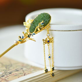An Exquisite Sterling Silver-Gold Plated Inlaid Jasper Hairpin,Inlaid Pearl