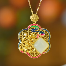 An Exquisite Sterling Silver-Gold Plated Inlaid White Jade Pendant