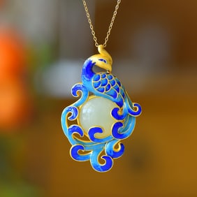An Exquisite Sterling Silver-Gold Plated Inlaid White Jade Enamel Pendant