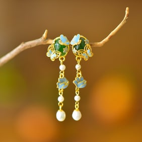 A Pair of Exquisite Sterling Silver-Gold Plated Inlaid Jasper Earrings,Inlaid Pearl