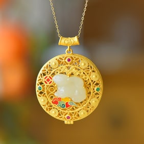 An Exquisite Sterling Silver-Gold Plated Inlaid White Jade Pendant