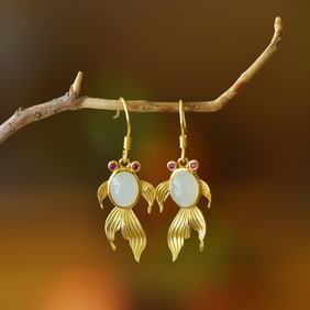 A Pair of Exquisite Sterling Silver-Gold Plated Inlaid White Jade Earrings