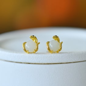 A Pair of Exquisite Sterling Silver-Gold Plated Inlaid White Jade Earrings