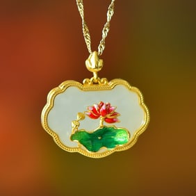 An Exquisite Sterling Silver-Gold Plated Inlaid White Jade Pendant