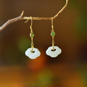 A Pair of Exquisite Sterling Silver-Gold Plated Inlaid White Jade Earrings