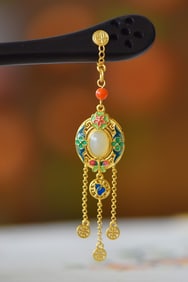 An Exquisite Sterling Silver-Gold Plated Inlaid White Jade Enamel Ebony Hairpin