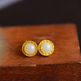 A Pair of Exquisite Sterling Silver-Gold Plated Inlaid White Jade Earrings