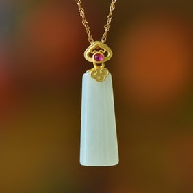 An Exquisite Sterling Silver-Gold Plated Inlaid White Jade Pendant