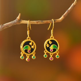 A Pair of Exquisite Sterling Silver-Gold Plated Inlaid Black Jade Enamel Earrings