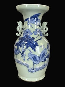 A Exquisite Blue and White Carved Flower and Bird Double-Ears Vase