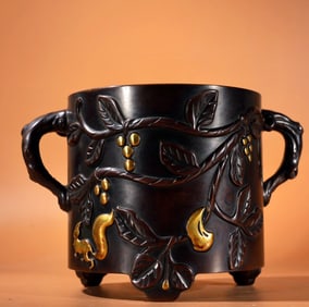 A Exquisite Red Copper Relief Gilt Double-Ear Censer