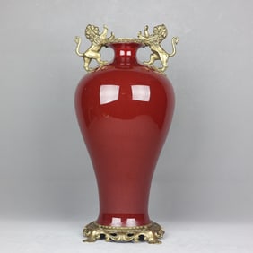 A Exquisite Red Glazed Inlaid Copper Lion Double Ear Vase