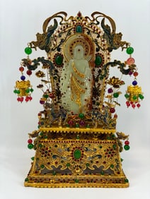 A Exquisite Gilt Bronze Filigree Inlaid Hotan Jade Buddha Statue