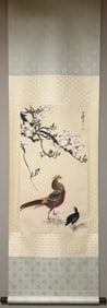 A Chinese Ink Painting of Flowers and Birds on Paper, Vertical Scroll