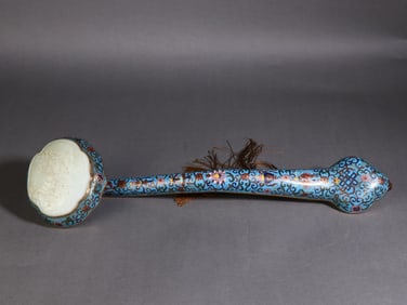 A Exquisite Cloisonne Inlaid Hotan Jade Ruyi