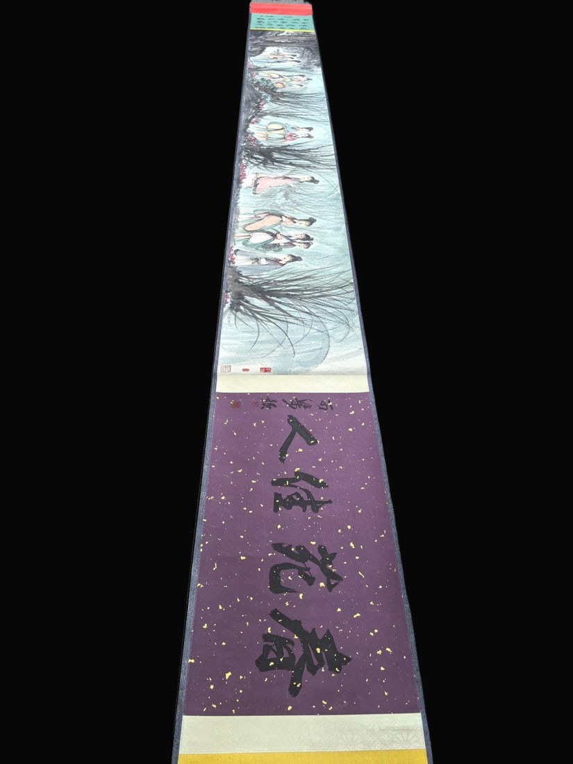 A Chinese Hand Scroll Ink Painting of Figures on Paper: A Chinese Hand Scroll Ink Painting of Figures on Paper,Modern Time of China,Fu Baoshi,without frame size:18.4in×3.6m 一幅中国水墨纸本人୰