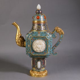 A Exquisite Cloisonne Inlaid Hotan Jade Interlocking Lotus Pattern Ewer