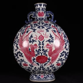 A Exquisite Blue and White Ruby Red-Glazed Lotus and Phoenix Pattern Vase