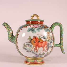 A Exquisite Purple Sands Color Green Ground Painted Gold Horse Pattern Ewer