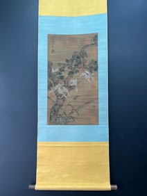 A Chinese Vertical Scroll Ink Flower and Bird Painting on Silk
