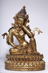 A Rare Gilt Bronze Carved Statue of Contemplative Avalokitesvara