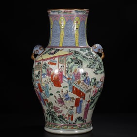 A Exquisite Famille-Rose Figures Pattern Elephant-Ears Vase