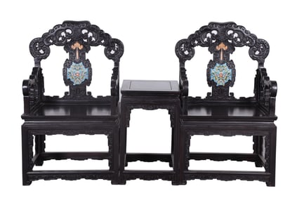 A pair of Huge Mid-Period Zitanwood Passionflower Pattern Armrest Inlaid with Cloisonne Grand