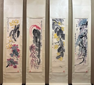 A Set of Chinese Vertical Scroll Ink Paintings of Flowers and Fruits on Paper