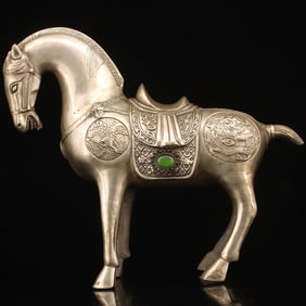 A Exquisite Gilt Silver Bronze Inlaid Gems Horse Ornament